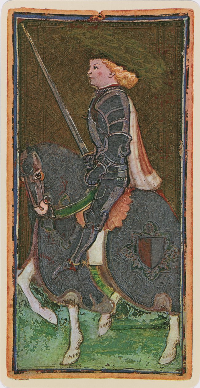 A kardok lovagja, egy tarot kártya fakszimile a „Visconti” pakliból, 1441-47 alkotó: Bonifacio Bembo