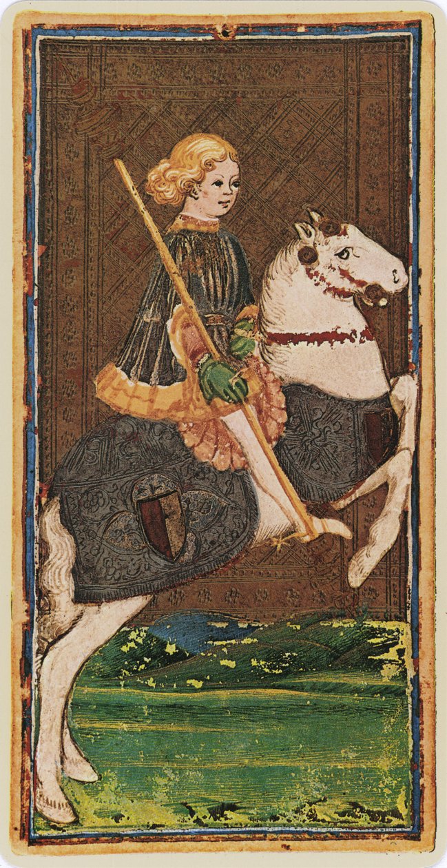 A pálcák lovagja, egy tarot kártya faksza a „Visconti” pakliból, 1441-47 alkotó: Bonifacio Bembo