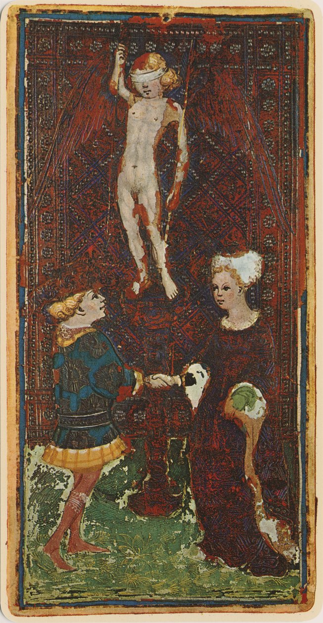 A szerelmesek, egy tarot kártya fakszimile a „Visconti” pakliból, 1441-47 alkotó: Bonifacio Bembo