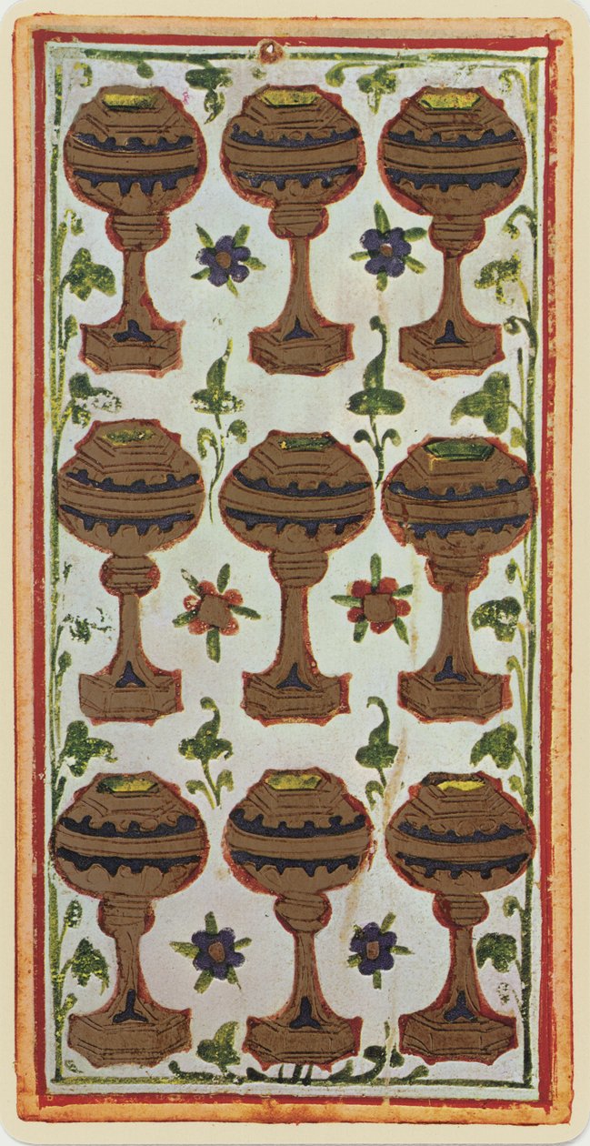 The Nine of Cup, egy tarot kártya faksza a „Visconti” pakliból, 1441-47 alkotó: Bonifacio Bembo