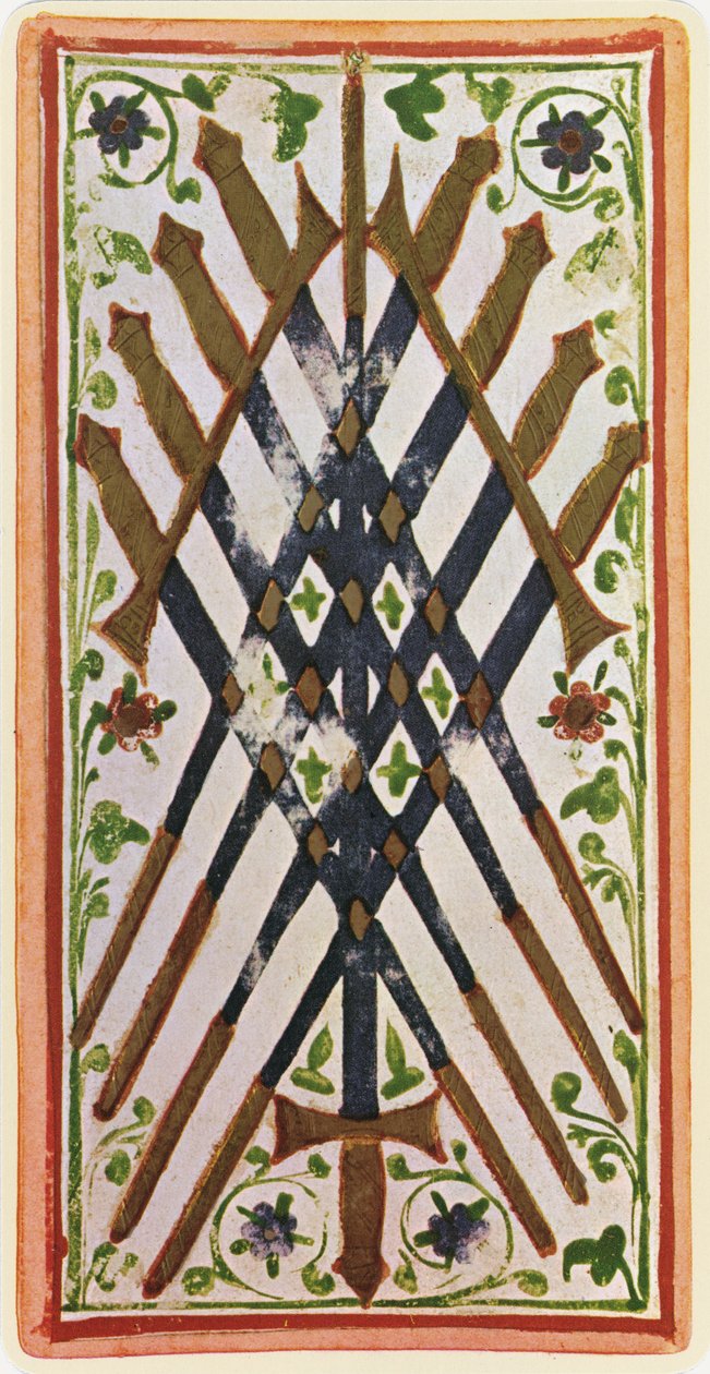 A kardok kilence, egy tarot kártya fakszimile a „Visconti” pakliból, 1441-47 alkotó: Bonifacio Bembo
