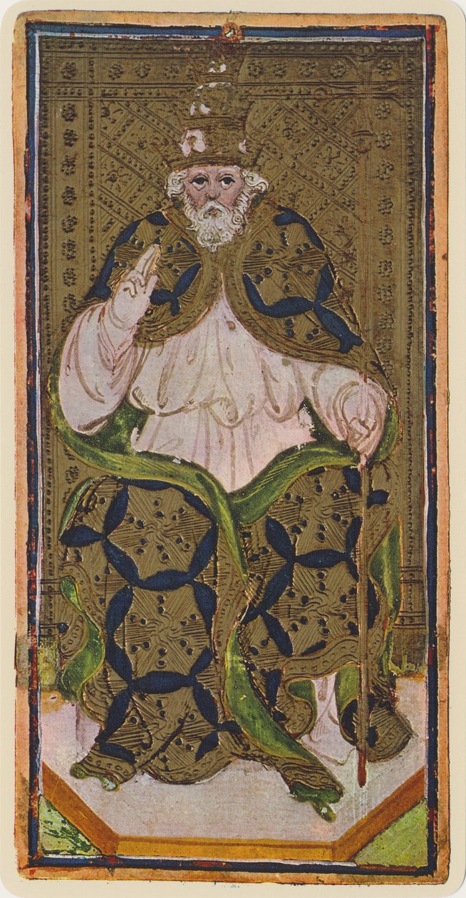A pápa, egy tarot kártya fakszimile a „Visconti” pakliból, 1441-47 alkotó: Bonifacio Bembo