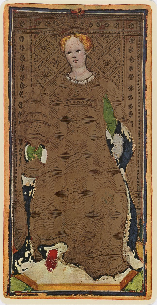 A kupák királynője, egy tarot kártya fakszimile a „Visconti” pakliból, 1441-47 alkotó: Bonifacio Bembo