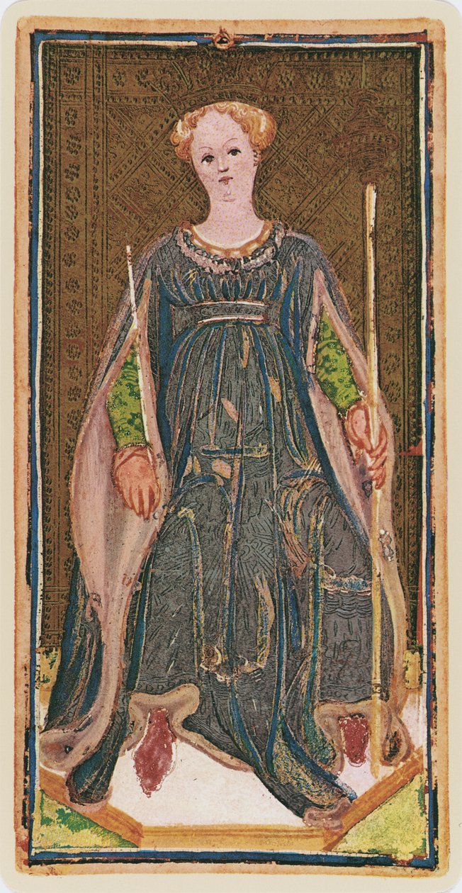 A pálcák királynője, egy tarot kártya fakszimile a „Visconti” pakliból, 1441-47 alkotó: Bonifacio Bembo