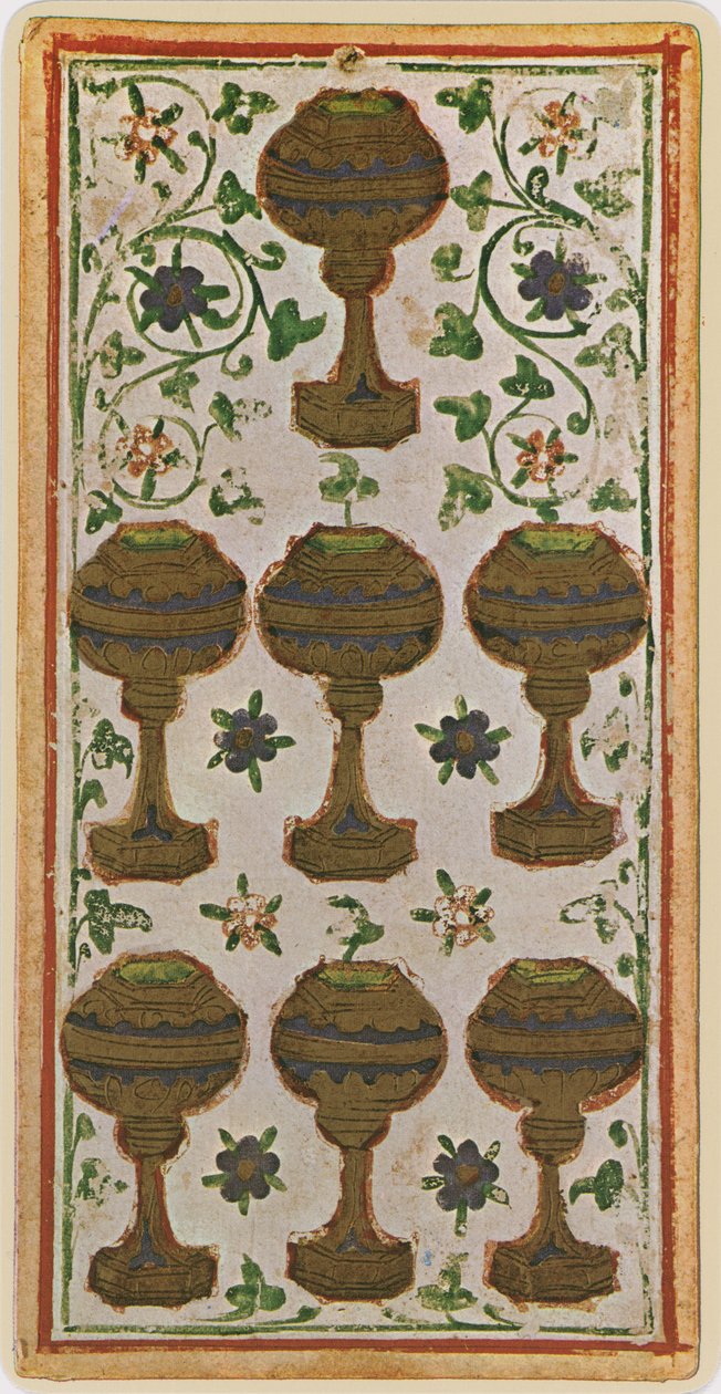A Seven of Cup, egy tarot kártya fakszimile a „Visconti” pakliból, 1441-47 alkotó: Bonifacio Bembo