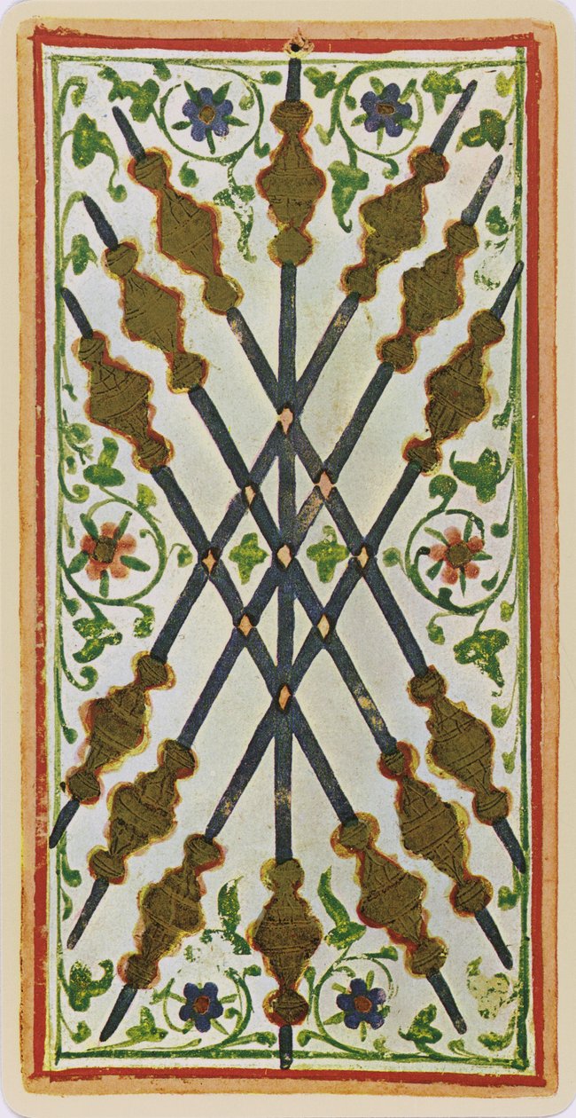 The Seven of Wands, egy tarot kártya faksza a „Visconti” pakliból, 1441-47 alkotó: Bonifacio Bembo