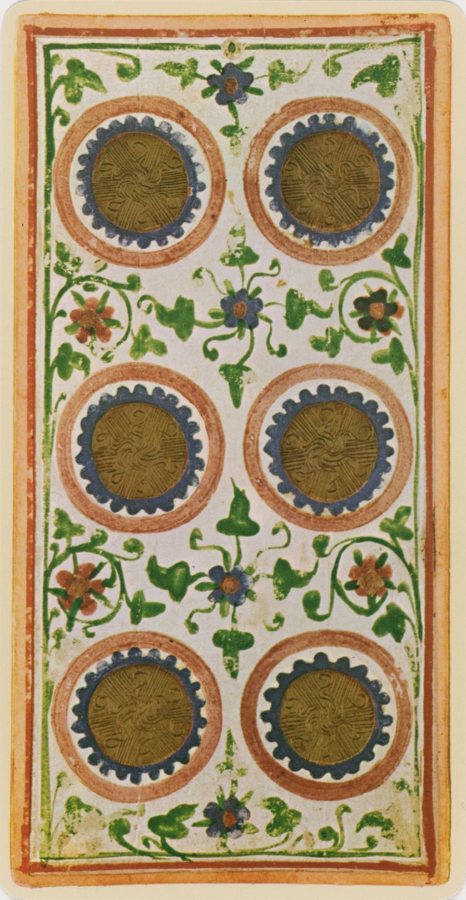 Az érme hat, egy tarot kártya faksza a „Visconti” pakliból, 1441-47 alkotó: Bonifacio Bembo