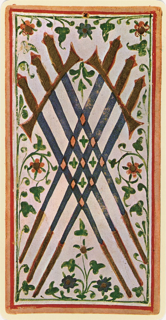 A kardok hatosa, egy tarot kártya fakszimile a „Visconti” pakliból, 1441-47 alkotó: Bonifacio Bembo