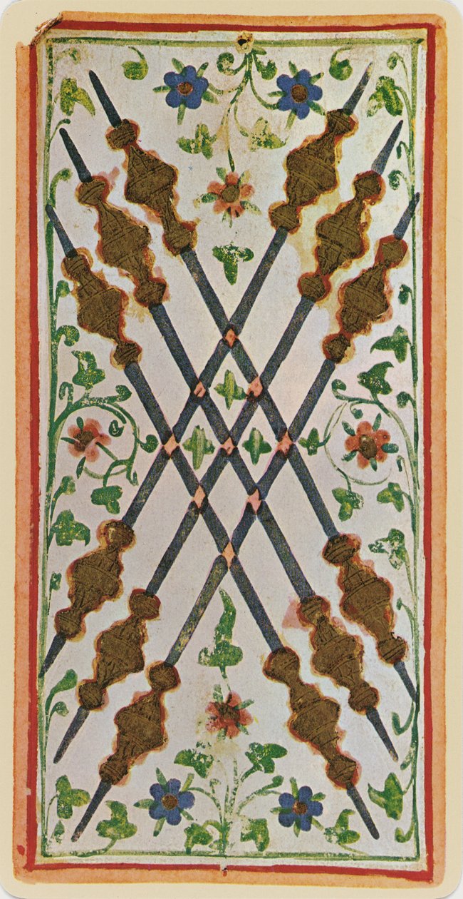A Six of Wands, egy tarot kártya faksza a „Visconti” pakliból, 1441-47 alkotó: Bonifacio Bembo