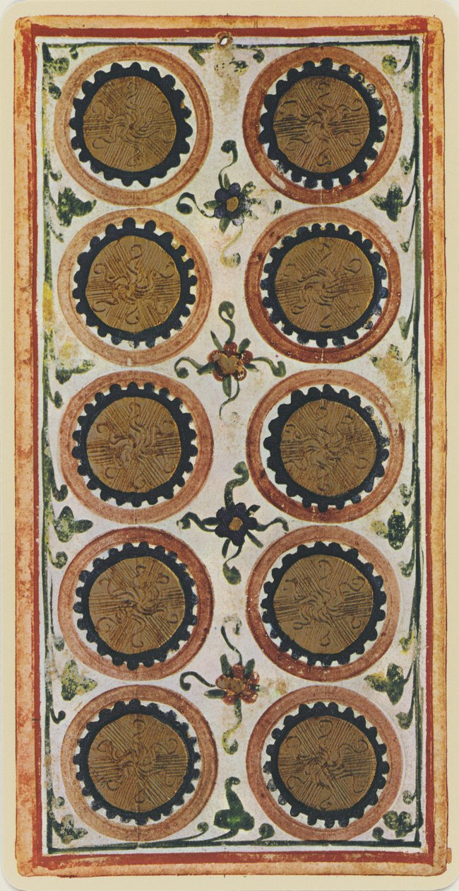 The Ten of Coins, egy tarot kártya fakszimile a „Visconti” pakliból, 1441-47 alkotó: Bonifacio Bembo