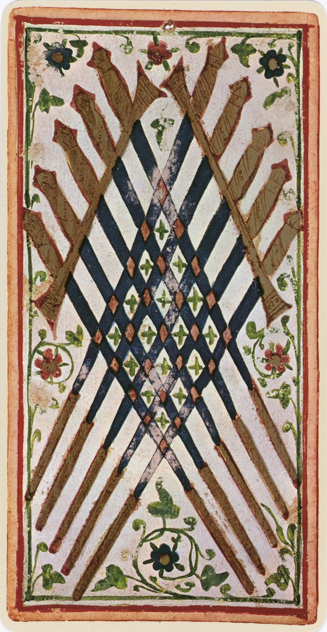A kardok tíze, egy tarot kártya fakszimile a „Visconti” pakliból, 1441-47 alkotó: Bonifacio Bembo