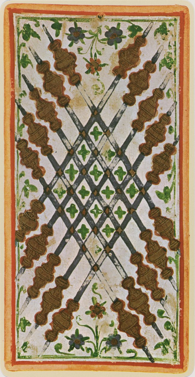 A tízes pálca, egy tarot kártya fakszimiléje a "Visconti" pakliból, 1441-47. alkotó: Bonifacio Bembo