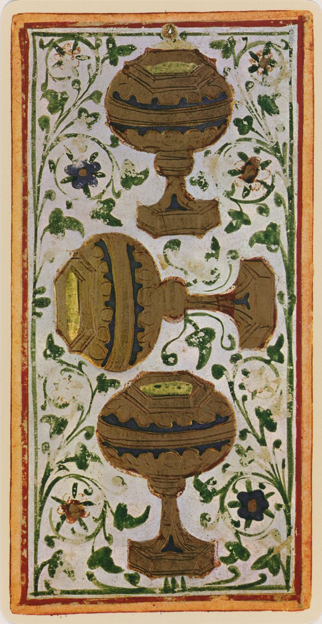 A csésze hármasa, egy tarot kártya fakszimile a „Visconti” pakliból, 1441-47 alkotó: Bonifacio Bembo