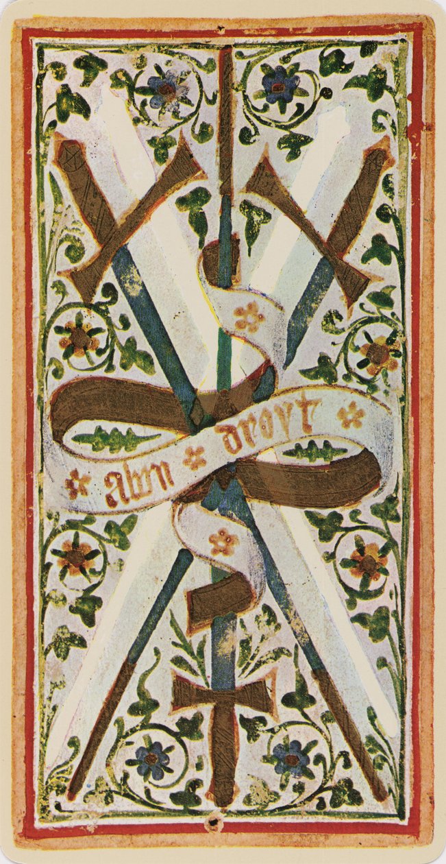 A kardok hármasa, egy tarot kártya fakszimile a „Visconti” pakliból, 1441-47 alkotó: Bonifacio Bembo