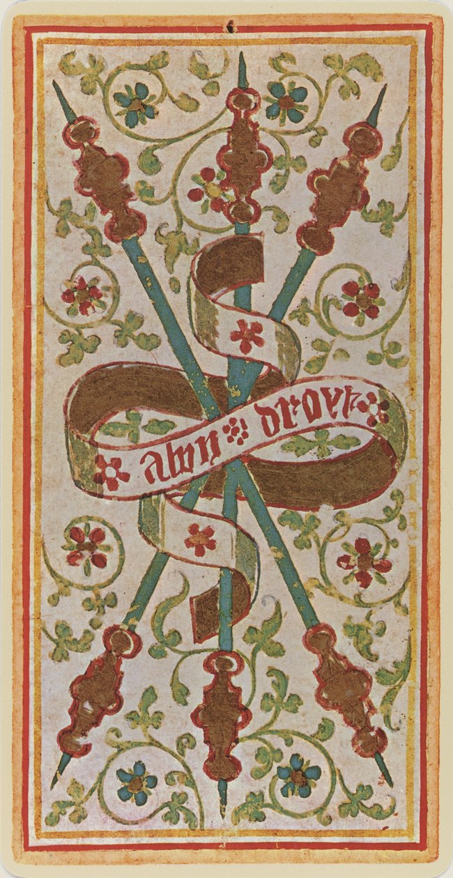 The Three of Wands, egy tarot kártya fakszimile a „Visconti” pakliból, 1441-47 alkotó: Bonifacio Bembo