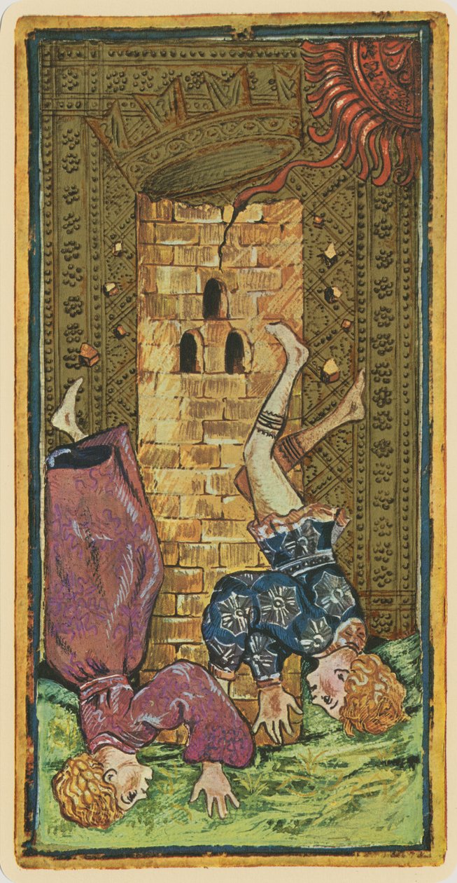 A torony, egy tarot kártya fakszimile a „Visconti” pakliból, 1441-47 alkotó: Bonifacio Bembo