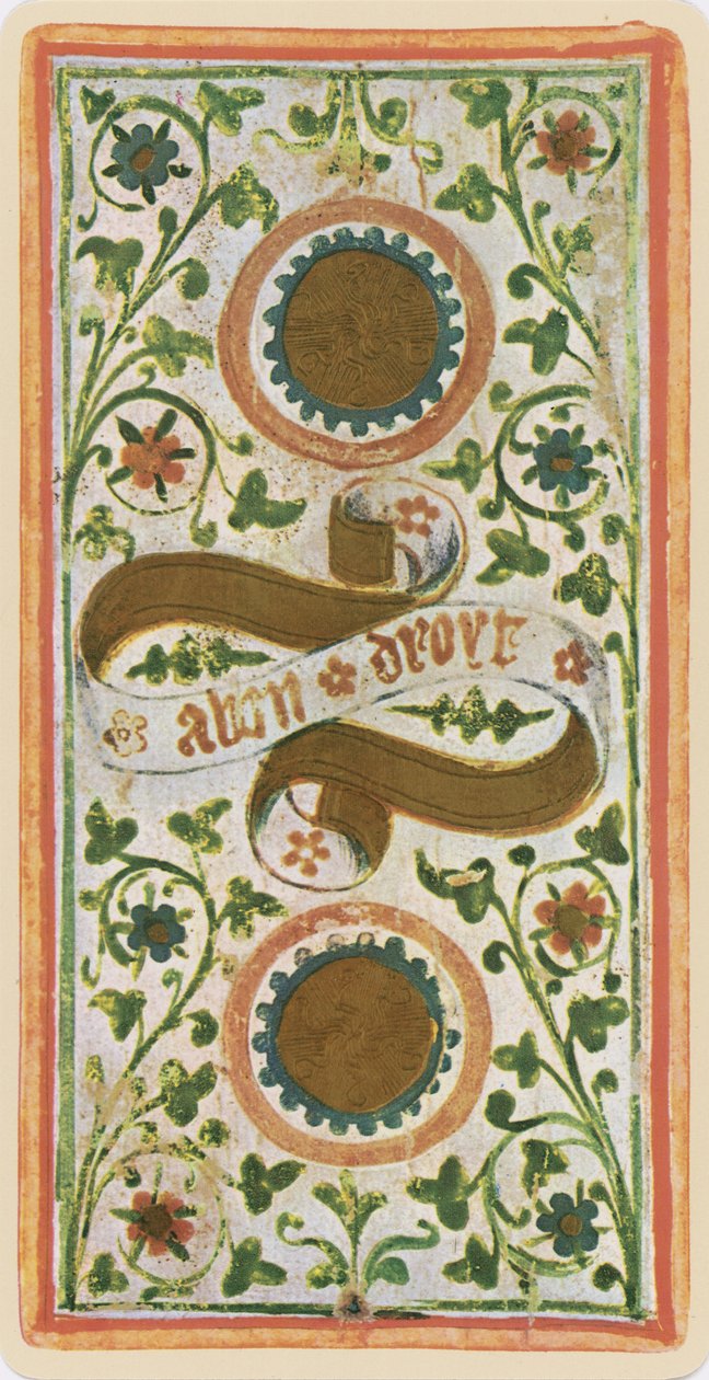 The Two of Coins, egy tarot kártya fakszimile a „Visconti” pakliból, 1441-47 alkotó: Bonifacio Bembo