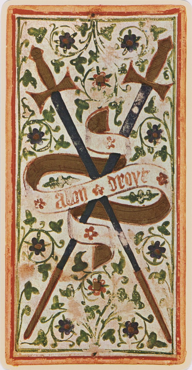 A kardok kettője, egy tarot kártya fakszimile a „Visconti” pakliból, 1441-47 alkotó: Bonifacio Bembo