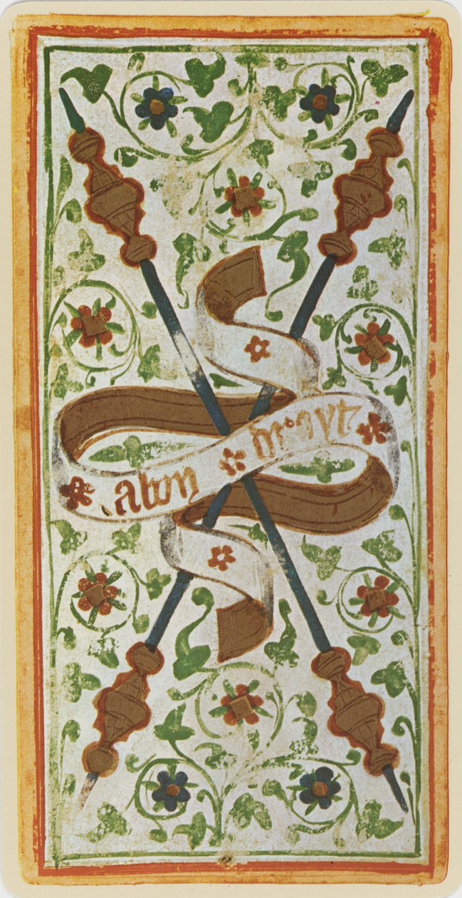 The Two of Wands, egy tarot kártya fakszimile a „Visconti” pakliból, 1441-47 alkotó: Bonifacio Bembo