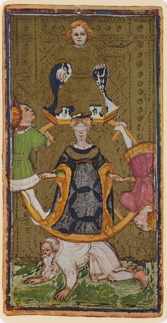 A szerencsekerék, a "Visconti" pakli egyik tarot kártyájának fakszimiléje, 1441-47. alkotó: Bonifacio Bembo