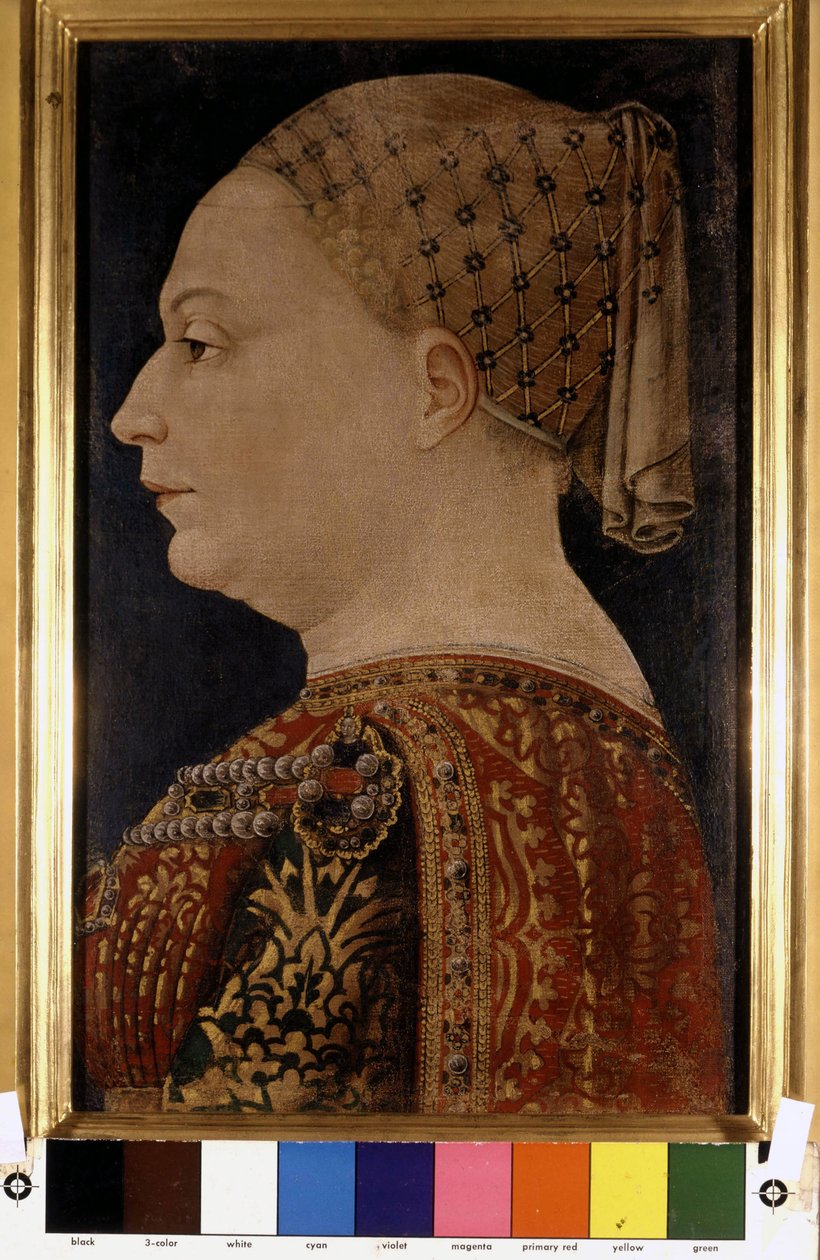 Bianca Maria Visconti, Francesco Sforza (1401-1466) feleség portréja, Bonofacio Bembo 1470 körül. Pinacoteca di Brera, Milánó. alkotó: Bonifacio Bembo