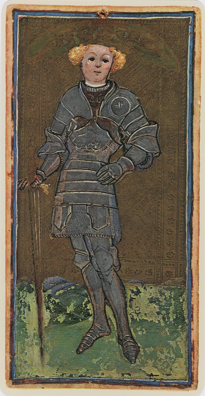 Kardok Knave, egy tarot kártya fakszimile a „Visconti” pakliból, 1441-47 alkotó: Bonifacio Bembo