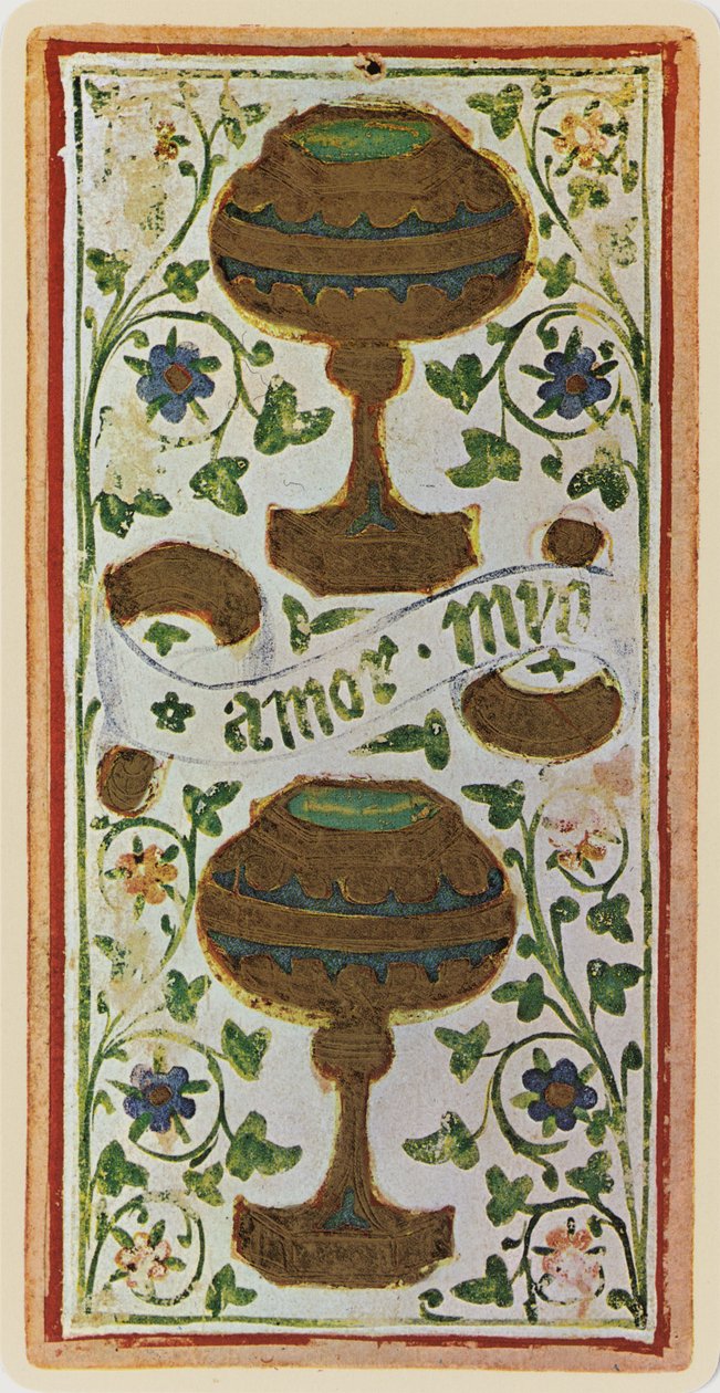 The Two of Cup, egy tarot kártya fakszimile a „Visconti” pakliból, 1441-47 alkotó: Bonifacio Bembo