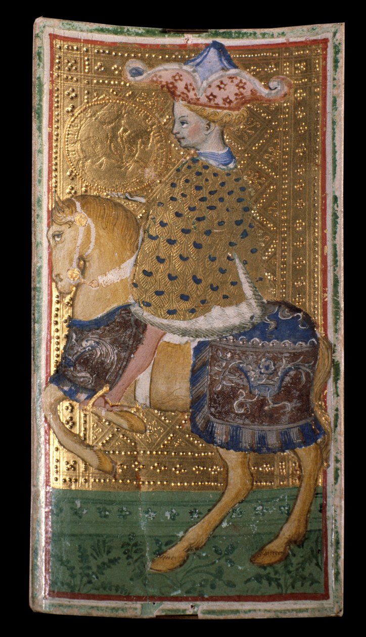 Visconti-Sforza tarot paklik: a dénár lova (festmény pergamenre, kartonra alkotó: Bonifacio Bembo