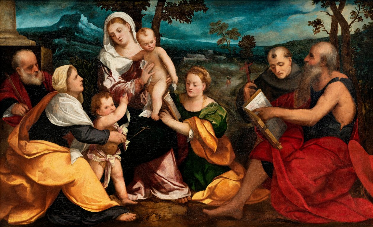 A szentek által körülvett Szent család, 1530 körül (olaj, tábla) alkotó: Bonifazio Veronese