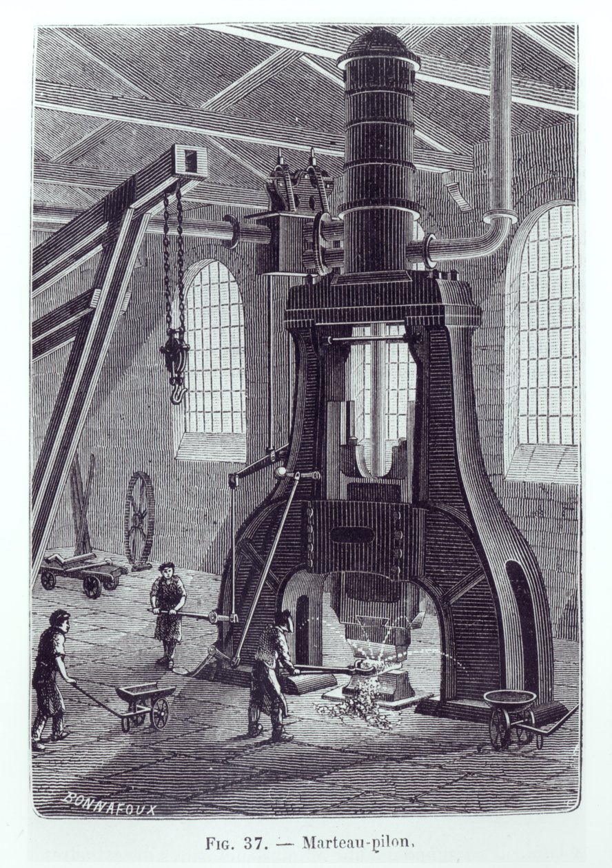 A Le Creusot erőgépkalapács, illusztráció egy ipari gépekről szóló könyvhöz, 1880 körül (fekete-fehér fotó) alkotó: Bonnafoux