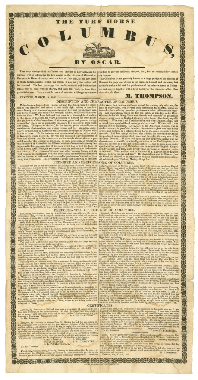 Ménes ló plakát gyeplóval Columbus, Fayette, Mo., 1840. március 14 alkotó: Boon Democrat