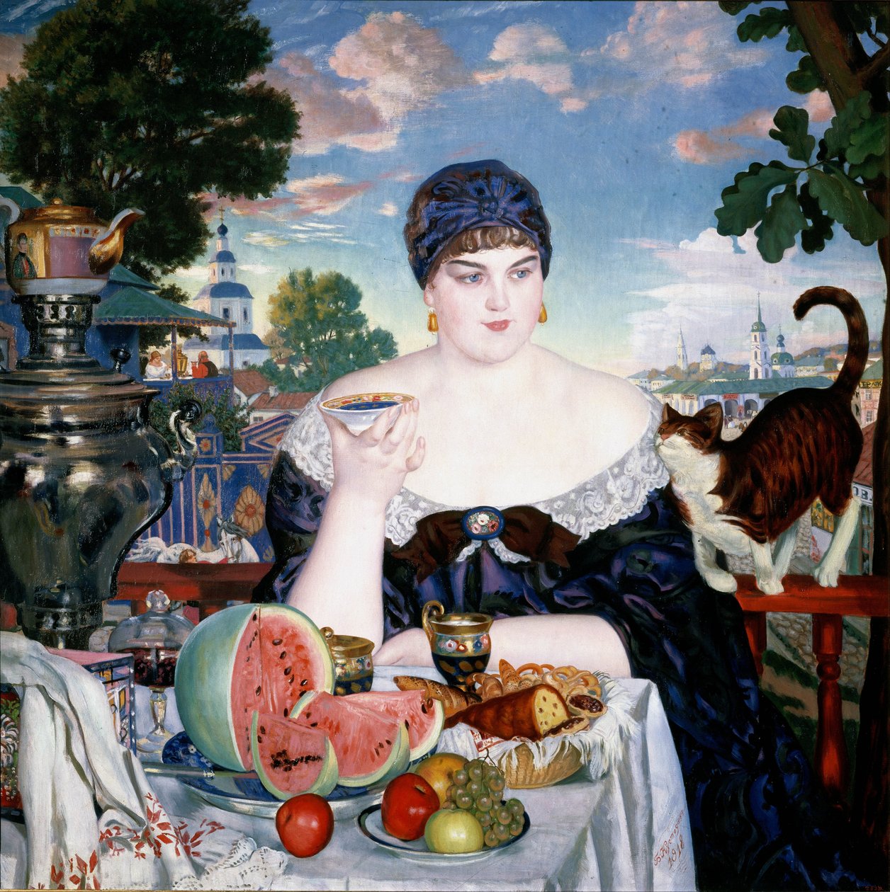 Kereskedők felesége tea mellett alkotó: Boris Mikhailovich Kustodiev