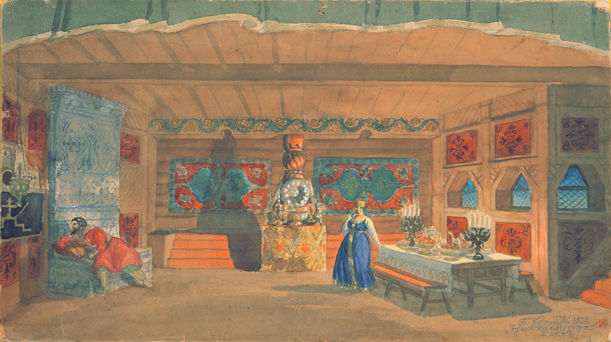 Színpadterv Rimszkij-Korszakov „A cár menyasszonya” című operájához, 1920 (wc és gouache papíron) alkotó: Boris Mikhailovich Kustodiev