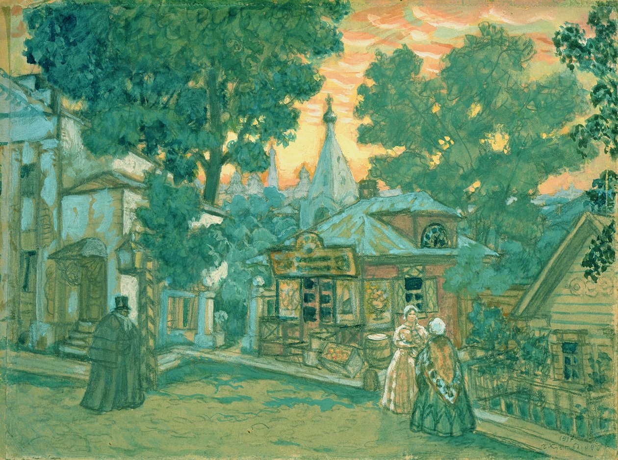 Színpadi Osztrovszkij „Nem egy fillért...” című drámájához, 1917 (wc és fehér szín kartonon) alkotó: Boris Mikhailovich Kustodiev