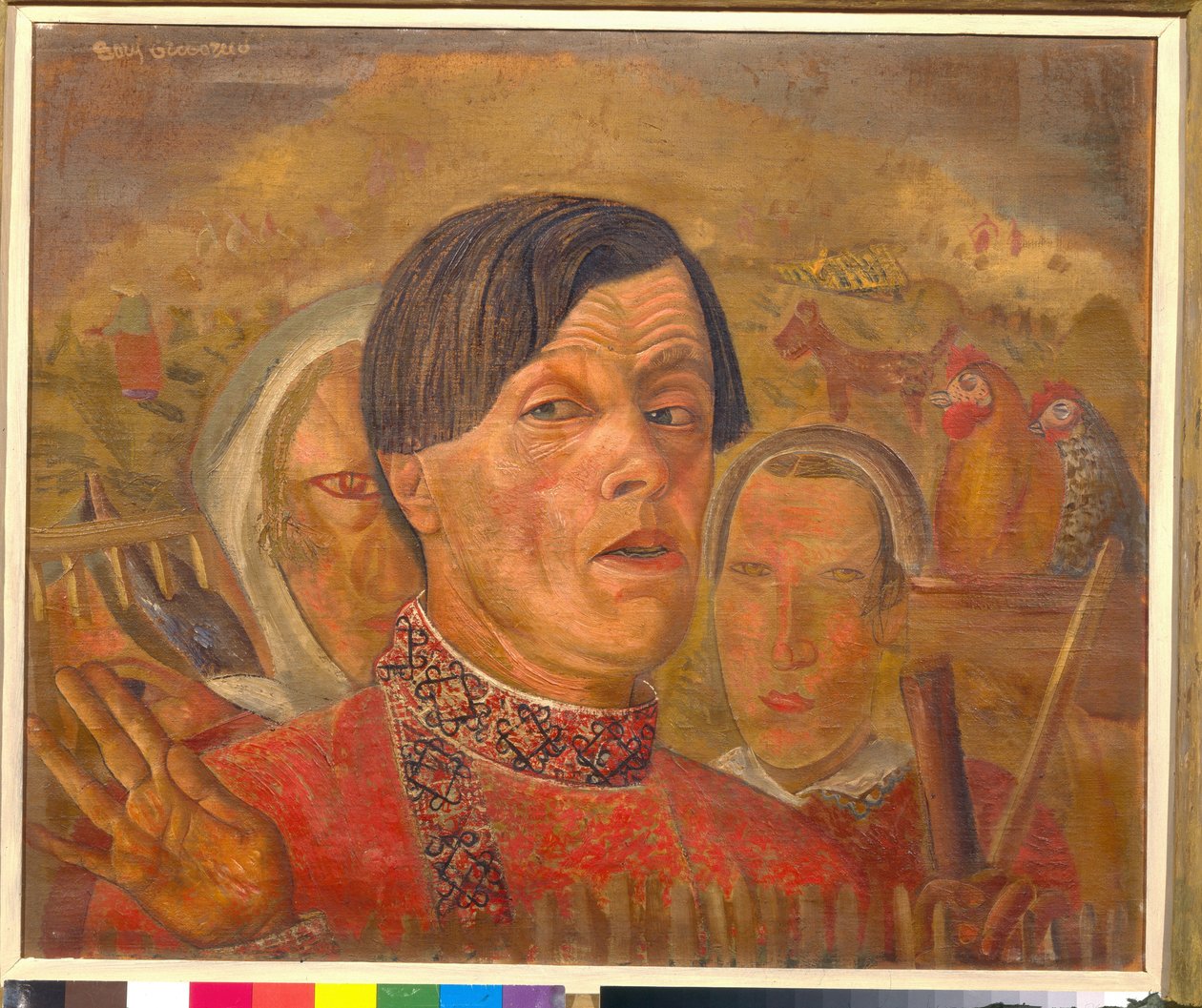 Önarckép a kakassal és a tyúkkal (Önarckép a kakassal és a tyúkkal) - Borisz Dmitrijevics Grigorjev (1886-1939) festménye, 1924 körül - Olaj, vászon - Méret: 60,4 x 73,5 cm - Magángyűjtemény alkotó: Boris Dmitrievich Grigoriev