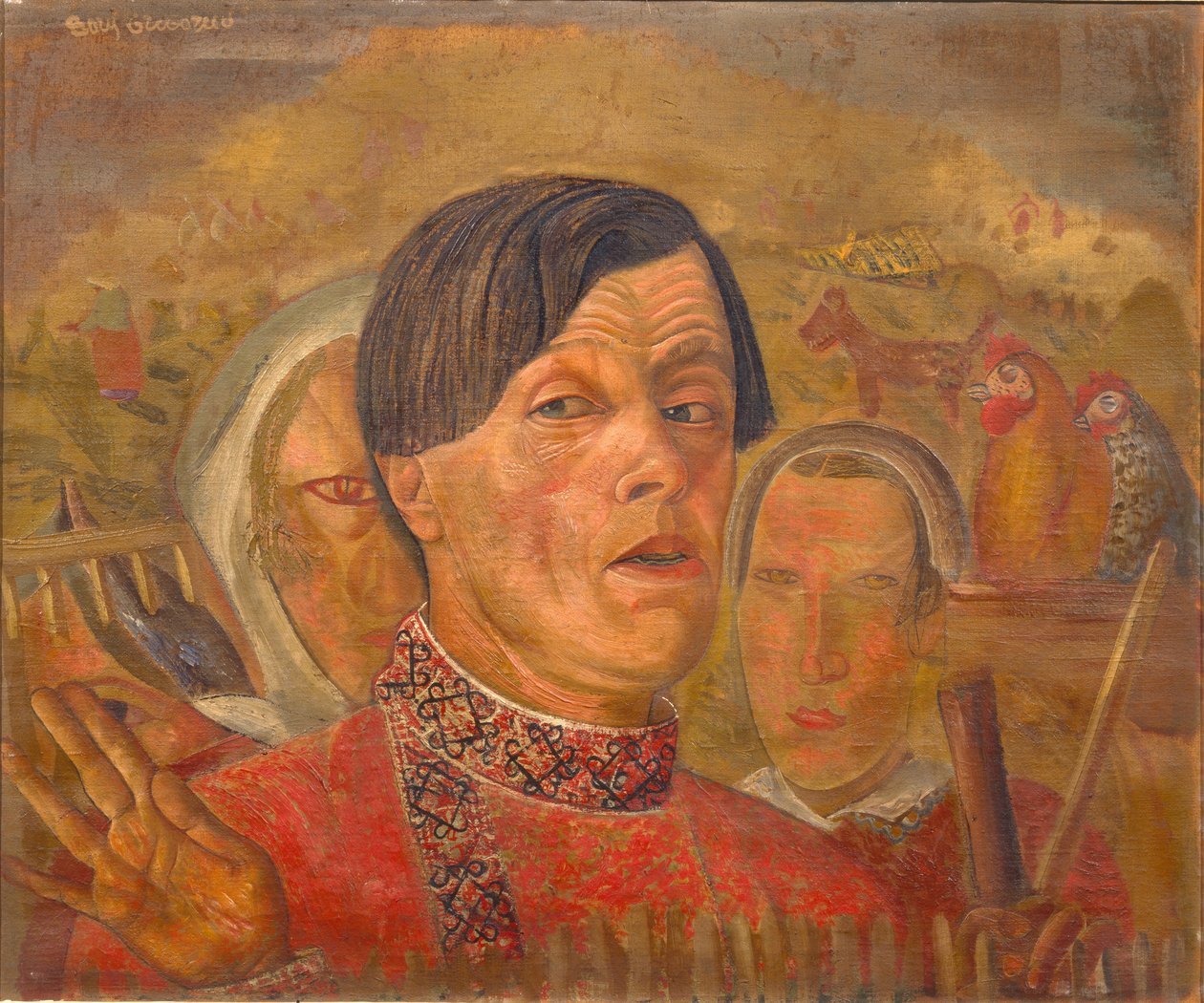 Önarckép a kakassal és a tyúkkal, c. 1924 alkotó: Boris Dmitrievich Grigoriev