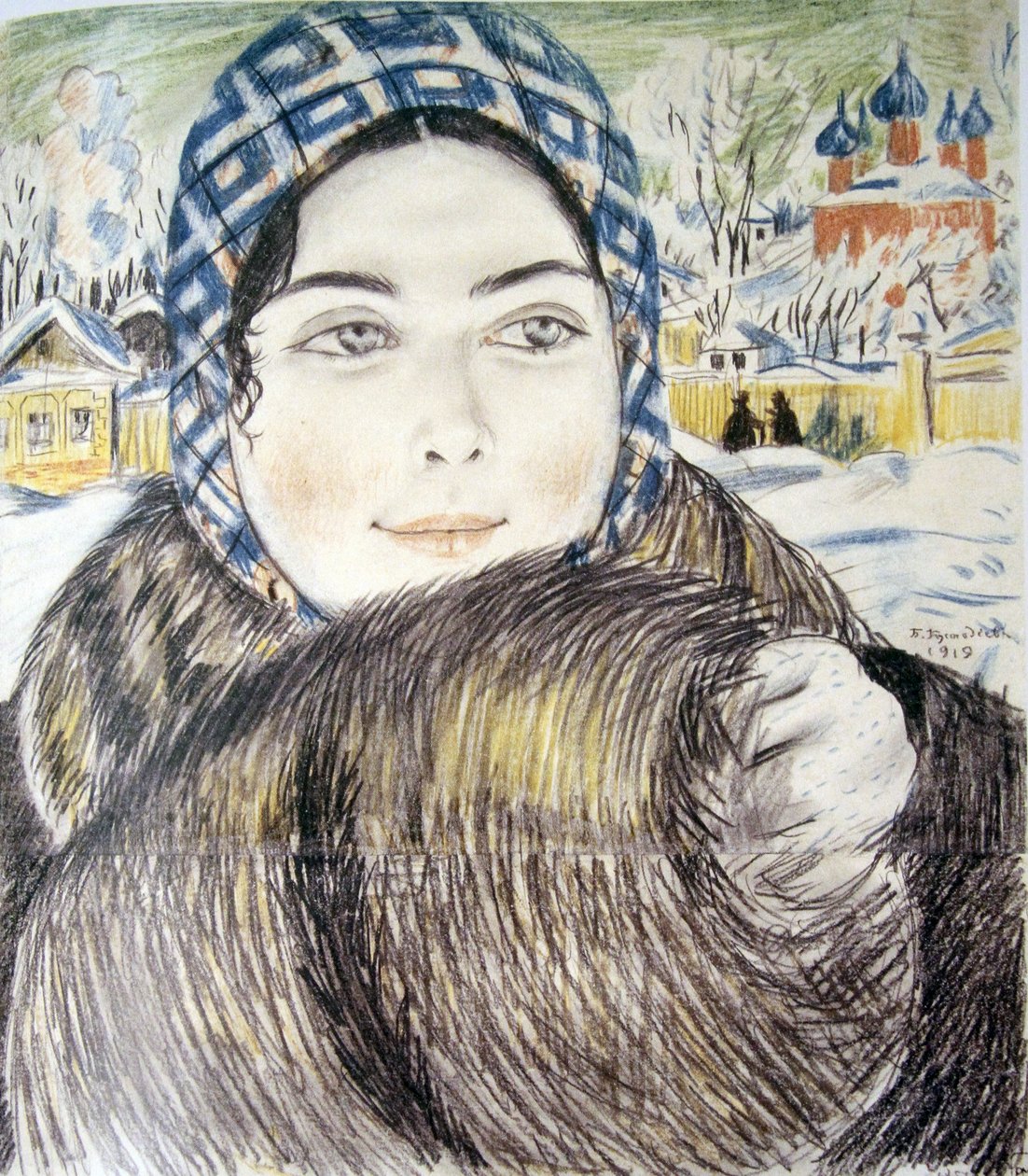 Egy fiatal kereskedő felesége Kustodiev kockás sálban, Borisz Michailovics (1878-1927) alkotó: Boris Mikhailovich Kustodiev