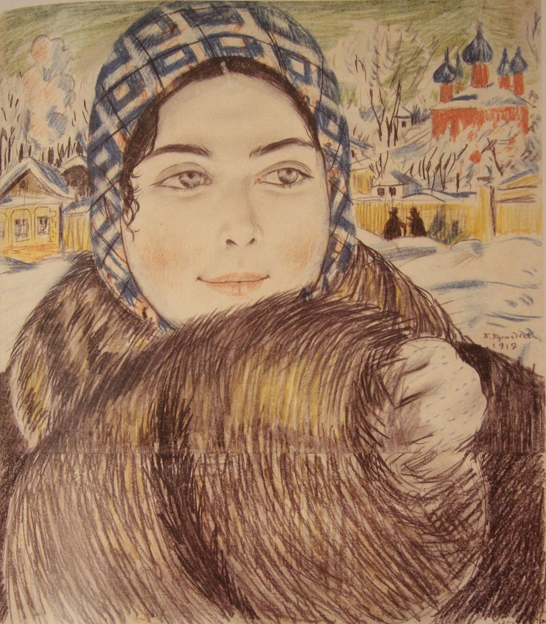Egy fiatal kereskedő feleség kockás sálban, 1919 alkotó: Boris Mikhailovich Kustodiev