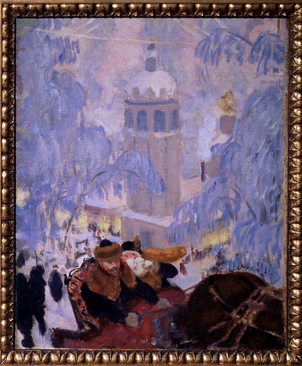 Önarckép a feleségével. Egy lovas szánon ábrázolva, egy havas tetővel rendelkező várost hagyva el. Borisz Michaylovich Kustodiev (Kustodiev) (1878-1927) festménye, olaj, vászon alkotó: Boris Mikhailovich Kustodiev