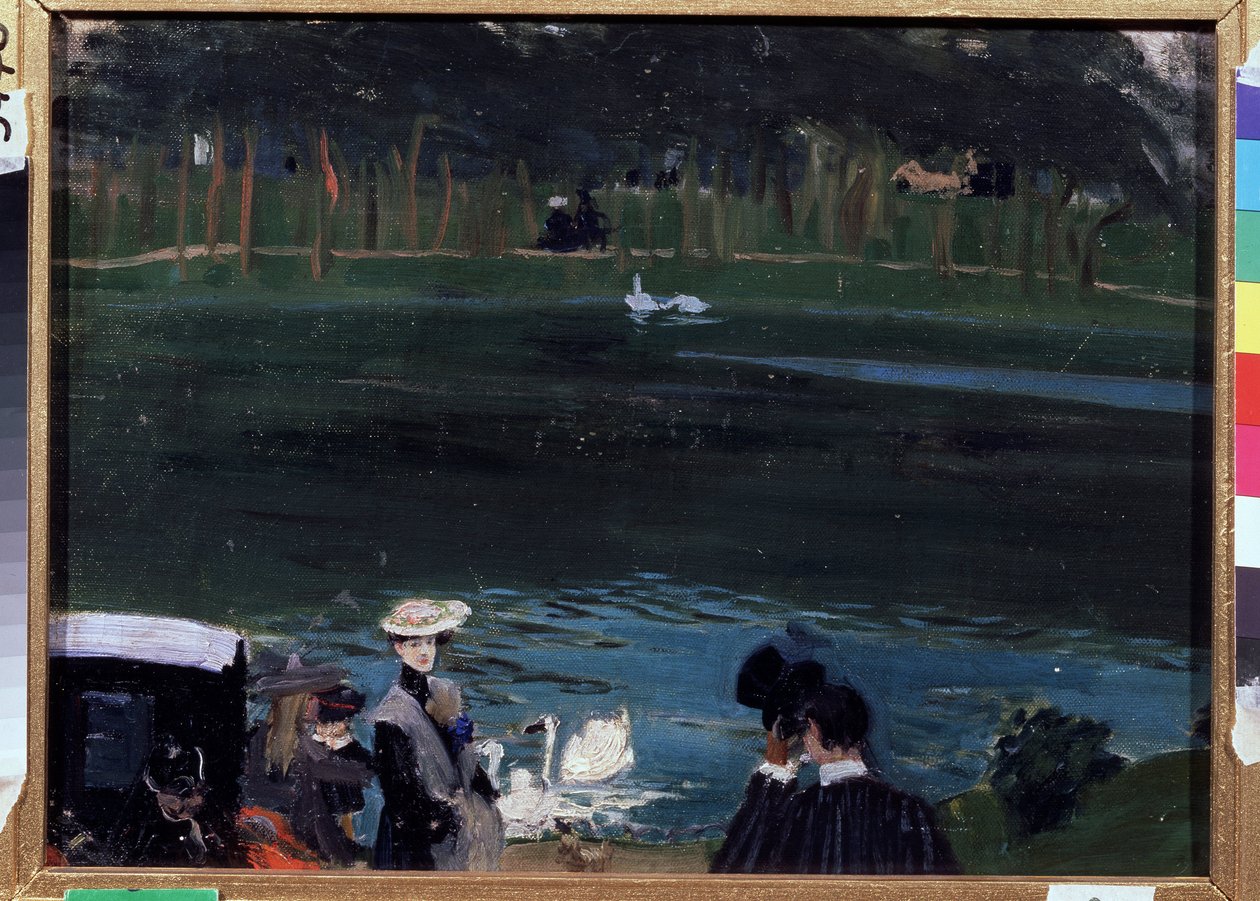 Bois de Boulogne. A tó hattyúkkal és sétálókkal. Borisz Michaylovich Kustodiev (Kustodiev) (1878-1927) festménye, olaj, vászon alkotó: Boris Mikhailovich Kustodiev