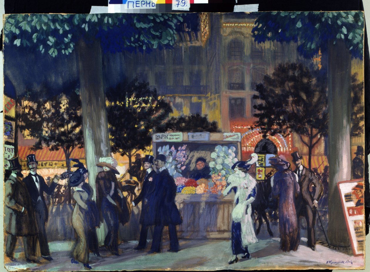 Boulevard Párizsban, éjszaka. (Boulevard in Paris at Night). A párizsi élet éjszakai animációjának leírása, nyáron. Láthatja Morris oszlopait. Borisz Michaylovich Kustodiev (Kustodiev) (1878-1927) festménye, olaj, vászon alkotó: Boris Mikhailovich Kustodiev