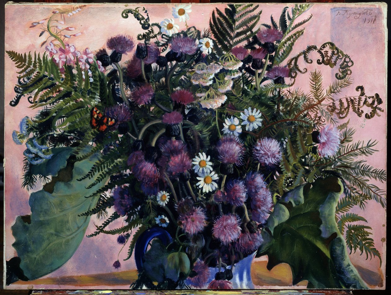 Finn virágcsokor. (Finn virágcsokor). Borisz Michaylovich Kustodiev (Kustodiev) (1878-1927) festménye, olaj, vászon alkotó: Boris Mikhailovich Kustodiev