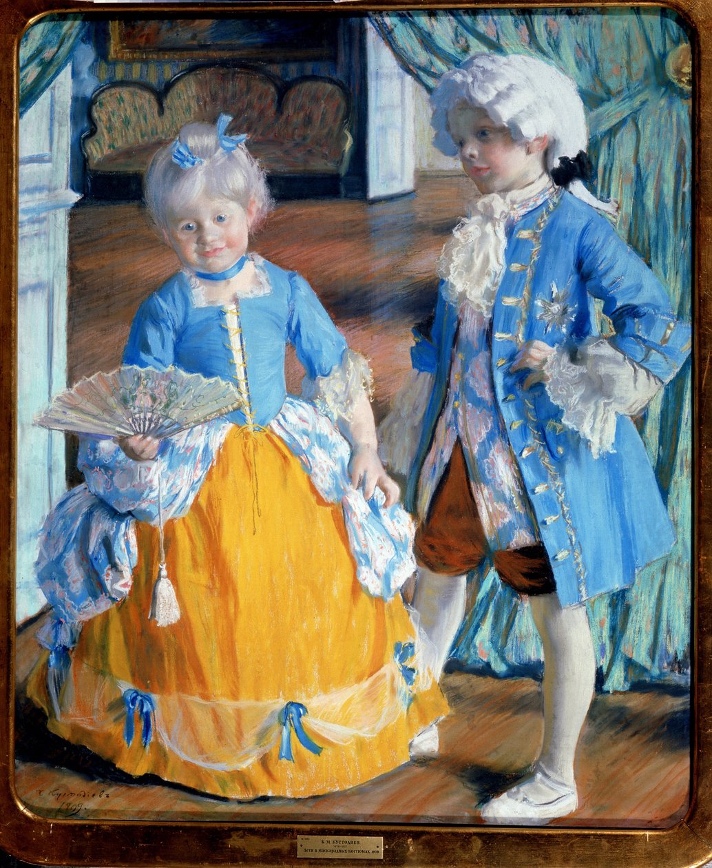 Gyerekek rokokó jelmezben (Children in Rococo Dress). A fiú harisnyát és parókát visel, a lány kezében csipkelegyező. Borisz Michaylovich Kustodiev (Kustodiev) (1878-1927) festménye, olaj, vászon alkotó: Boris Mikhailovich Kustodiev