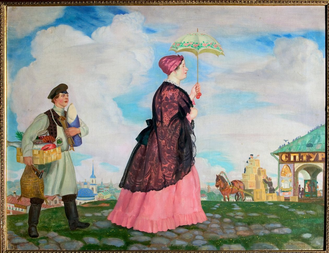 Kereskedő nő a vásárlásaival. (Kereskedő asszony vásárlásokkal). Visszafelé a napernyője alatt álló elegáns nőt egy ügyintéző követi, aki szállítja a vásárlásait. Borisz Michailovics Kustodiev (Kustodiev) festménye (1878-1927), olaj alkotó: Boris Mikhailovich Kustodiev