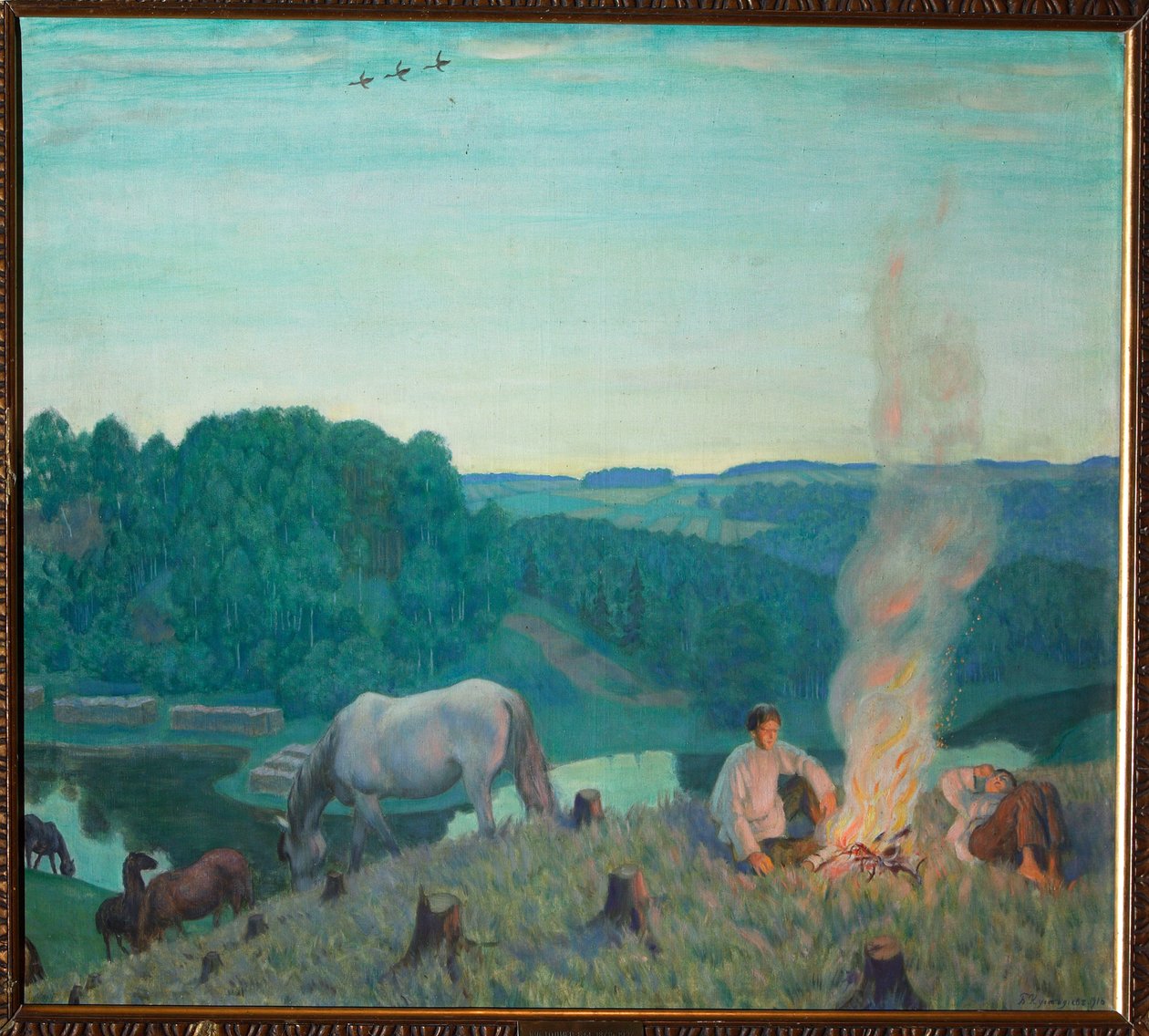 Tábortűz (Campfire). Táj egy nyári estén, fiatal fiúk pihennek egy tűz körül, a folyó partján. Körülöttük csend, nyugalom és csendesen legelészik a lovak. Borisz Michaylovich Kustodiev (Kustodiev) festménye (1 alkotó: Boris Mikhailovich Kustodiev