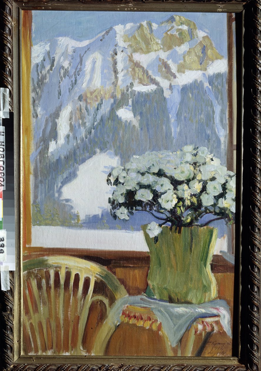 Virágok az erkélyen, kilátással a hegyekre. Borisz Michaylovich Kustodiev (Kustodiev) (1878-1927) festménye, olaj, vászon alkotó: Boris Mikhailovich Kustodiev