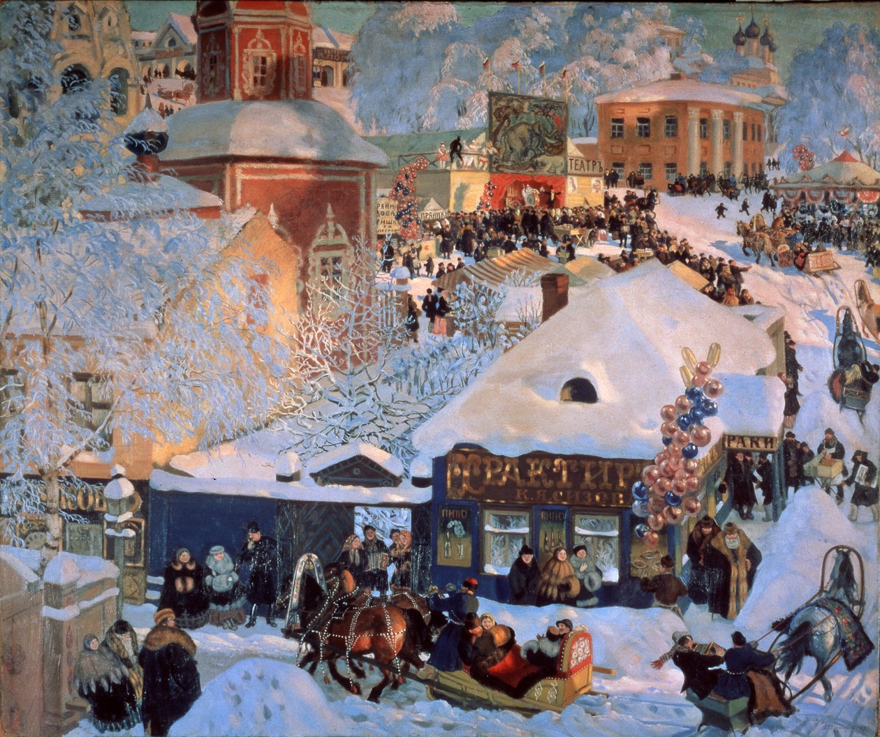 Tél, Mardi Gras (Winter, Schrovetide). Hagyományos ünnepségek egy vidéki város hófödte utcáin. A város épületeinek leírása mellett a léggömbhalmazok, a körhinta, a kocsmák kirakatai és a húzott szánok alkotó: Boris Mikhailovich Kustodiev