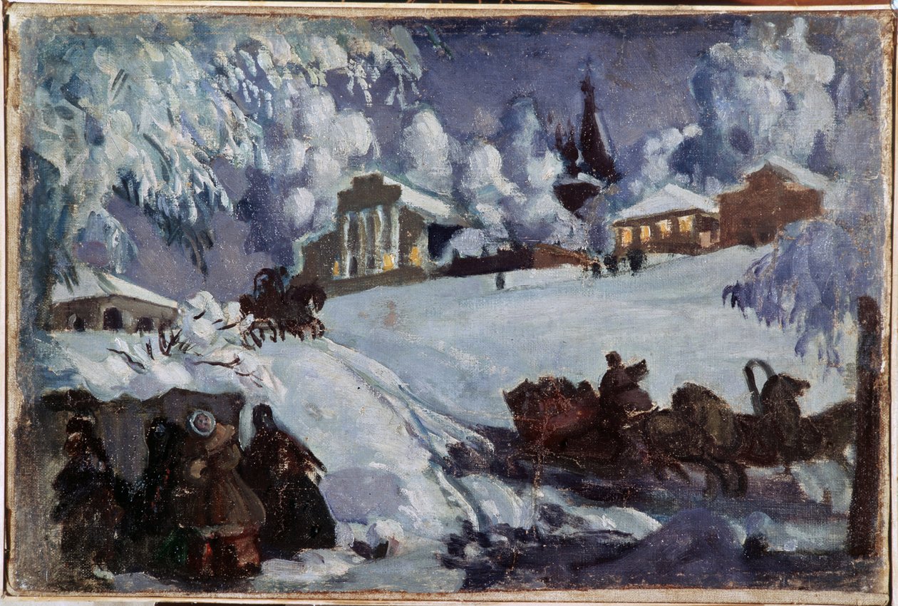 Tél, szánkó (Winter. Sleigh Ride). Borisz Michailovics Kustodiev (Koustodiev) (1878-1927) festménye, olaj, vászon, 1920 körül. Orosz művészet, XX. század eleje. Magángyűjtemény. alkotó: Boris Mikhailovich Kustodiev