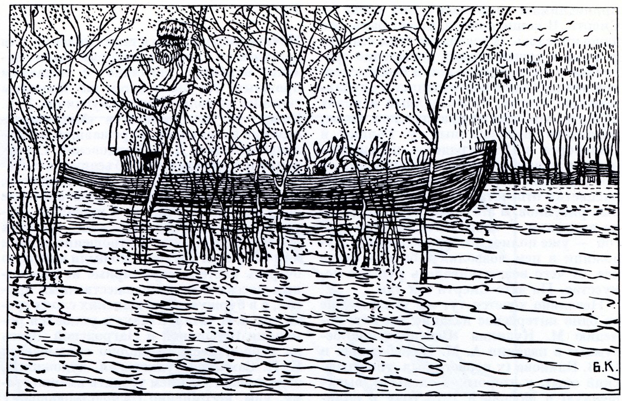 Illusztráció N. Nekrasov Mazay nagyapa és a nyulak című verséhez, 1910 alkotó: Boris Mikhailovich Kustodiev