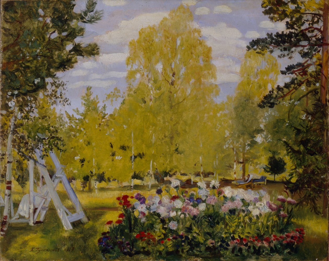 Táj virágággyal alkotó: Boris Mikhailovich Kustodiev